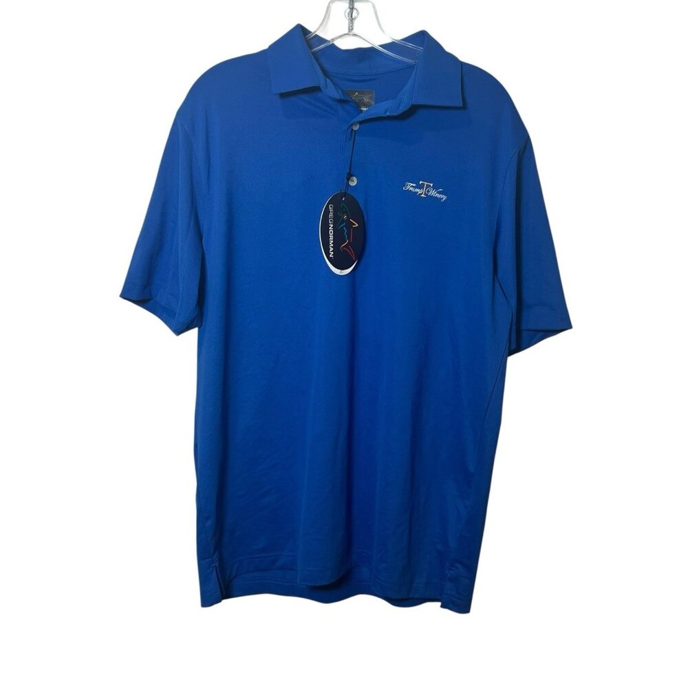 Greg Norman Polo Shirt Mens M Blue Trump Winery Logo Golf Performance NWT VA USA